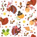 Seamless pattern cartoon thanksgiving turkey character in hat with harvest, leaves, acorns, corn, autumn holiday bird