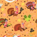 Seamless pattern cartoon thanksgiving turkey character in hat with harvest, leaves, acorns, corn, autumn holiday bird