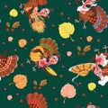 Seamless pattern cartoon thanksgiving turkey character in hat with harvest, leaves, acorns, corn, autumn holiday bird