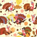 Seamless pattern cartoon thanksgiving turkey character in hat with harvest, leaves, acorns, corn, autumn holiday bird