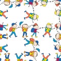 Seamless pattern of cartoon tourists going hiking on summer