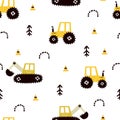 Seamless pattern with cartoon tractor,  bulldozer, decor elements. Colorful vector flat style for kids. hand drawing. Royalty Free Stock Photo