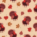 Seamless pattern with cartoon turkey bird and autumn leaves.