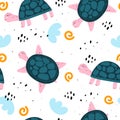 Seamless pattern with cartoon turtles, decor elements. animal theme. vector illustration. colorful flat style. hand drawing. Royalty Free Stock Photo