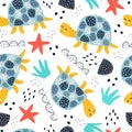 Seamless pattern with cartoon turtles, decor elements. animal theme. vector illustration. colorful flat style. hand drawing. Royalty Free Stock Photo