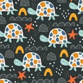 Seamless pattern with cartoon turtles, decor elements on a neutral background. animal theme. vector illustration. colorful flat st Royalty Free Stock Photo