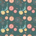 Seamless pattern, cartoon vintage bicycles in pastel colors. Background, children\'s print, textile vector