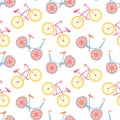 Seamless pattern, cartoon vintage bicycles in pastel colors. Background, children\'s print, textile vector Royalty Free Stock Photo