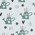Seamless pattern with cartoon watering can, flowers, decor elements on a neutral background. summer colorful vector for kids. han