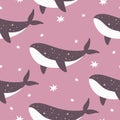 Seamless pattern with cartoon whale, stars. Colorful vector flat style. hand drawing.