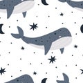 Seamless pattern with cartoon whale, stars, dÃÂ©cor elements. Colorful vector flat style. hand drawing.