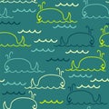 Seamless pattern of cartoon whales. vector