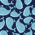 Seamless pattern with cartoon whales, decor elements on a neutral background. Colorful vector for kids, flat style. Hand drawing, Royalty Free Stock Photo