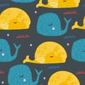Seamless pattern with cartoon whales. Ocean fish. Kid drawing for baby textile, poster or wallpaper design.