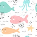 Seamless pattern with cartoon whales, octopus, starfish, decor elements. colorful vector for kids, flat style. sea life. Royalty Free Stock Photo