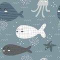 Seamless pattern with cartoon whales, octopus, starfish, decor elements on a neutral background. colorful vector for kids, flat st Royalty Free Stock Photo