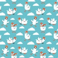 Seamless pattern with cartoon white goose birds. Background with funny seagulls in blue sky Royalty Free Stock Photo