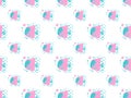 Seamless pattern of cartoon Zebrasoma fishes with ruddy cheeks and smiles and bubbles on a white background. For printing on baby