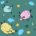 A seamless pattern of cartoons with funny sheep. Vector illustration. Beautiful drawing for children on textiles with moon, stars