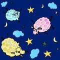 A seamless pattern of cartoons with funny sheep. Vector illustration. Beautiful drawing for children on textiles with moon, stars