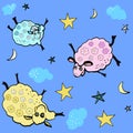 A seamless pattern of cartoons with funny sheep. Vector illustration. Beautiful drawing for children on textiles with moon, stars