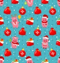 Seamless Pattern with Cartton Pigs, Christmas Bag, Balls, Presents