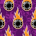 Seamless vector pattern with casino poker chips icons and flames Royalty Free Stock Photo