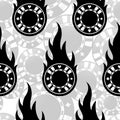 Seamless vector pattern with casino poker chips icons and flames