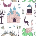 Seamless pattern with castle, dragon, fairy, deers, lantern, tree, birds and bridge. Fairy tale theme.