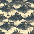 Seamless Pattern of Castles on Hills with Ships and Clouds Royalty Free Stock Photo