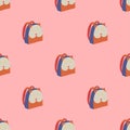 Seamless pattern with cat backpack on pink backdrop Royalty Free Stock Photo