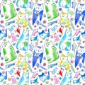 Seamless pattern of a cat, bird, mouse, flower and paw.