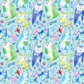 Seamless pattern of a cat, bird, mouse, flower and paw.