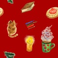 A seamless pattern: a cat, a candle, a book, pencils, a hot drink, a cookie and a fir tree branch on red backdrop