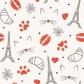 seamless pattern with cat, paw print, eiffel tower, red hearts, macarons, red hearts and other parisian elements