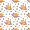 Seamless pattern with cat planet and stars, moon on a white background.