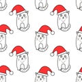 Seamless pattern with cat in red hat on the white background.