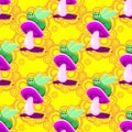 Seamless pattern caterpillar character sitting on a pink mushroom on a yellow background. Vector image