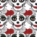 Seamless pattern. Catrina woman with make up of sugar skull. Dia de los muertos. Mexican Day of the dead. Vector Royalty Free Stock Photo