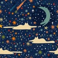 Seamless pattern with cats as a clouds and moon in starry night sky. Cartoon vector illustration Royalty Free Stock Photo