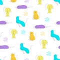 Seamless pattern with cats and colored spots. Blue, purple and yellow vector pets