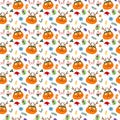 Seamless pattern with cats. Cute cat faces and New Year elements. Gift boxes, glasses and holly, cap, candy cane and fir