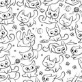 Seamless pattern cats different emotions and situations. Vector humor black white outline cartoon background. Kitty play