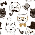 Seamless pattern with cats faces. Doodle funny cats background. Vector Illustration