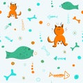 Seamless pattern with cats, fish and bones