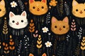 seamless pattern with cats and flowers on a black background Royalty Free Stock Photo