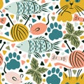 Seamless pattern with cats life elements. Funny and bright vector illustration with cats, cats paws, cats food and cats games. Royalty Free Stock Photo