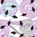 Seamless pattern of cats, mice and balls