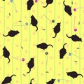 Seamless pattern of cats, mice and balls on a yellow wallpaper background with flowers.