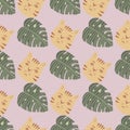 Seamless pattern with cats and monstera leafs. Pastel tones artwork. Light purple background